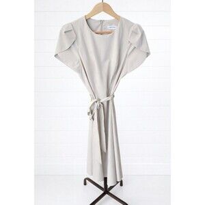 Calvin Klein NWOT Midi Dress – Soft Beige Rayon Short Tulip Sleeve Belted 10